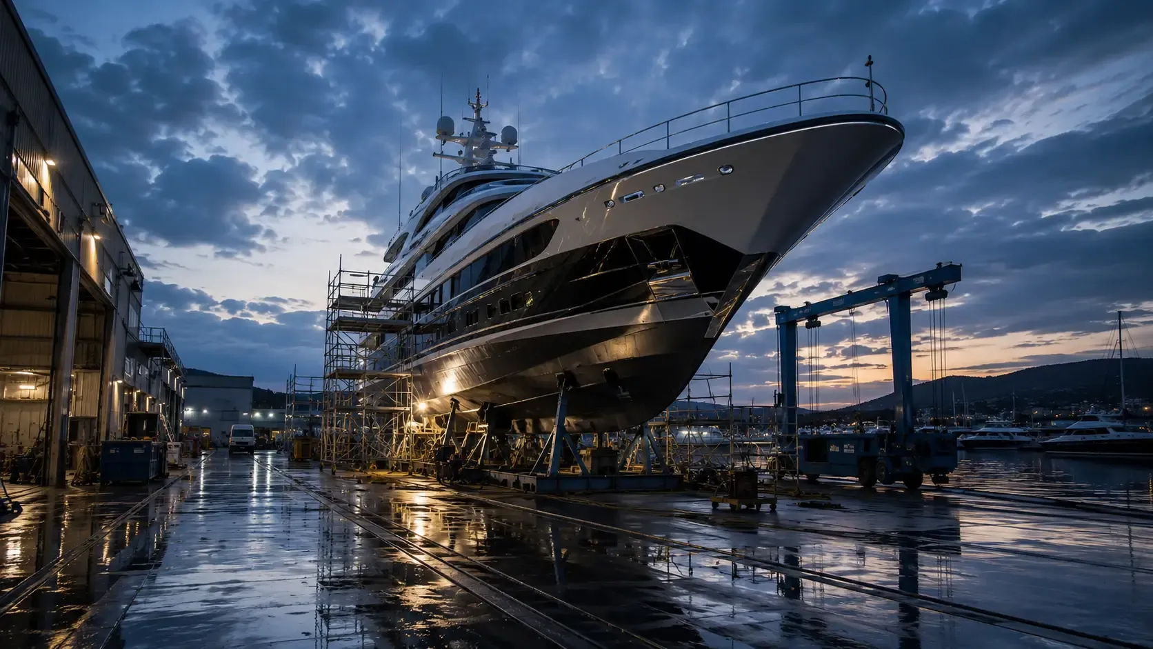 Yacht refit and painting work in progress at a Trogir facility in Croatia.